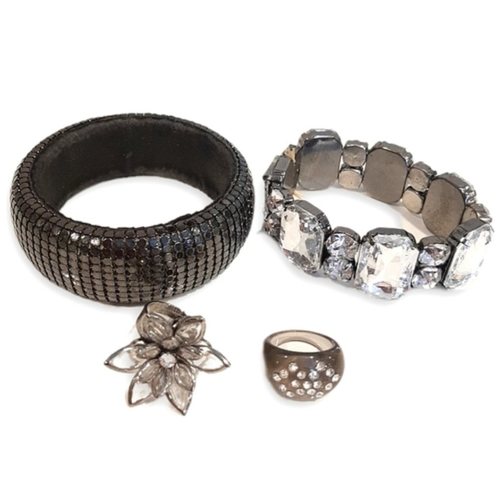 4Pc Set Chunky Statement Jewelry Fashion Ring Bracelet Faux Crystal Rhinestone
